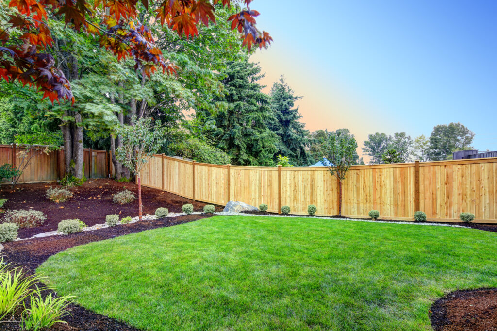 trimmed yard with brown fence and mulch, tree, and shrub softscaping elements in background.